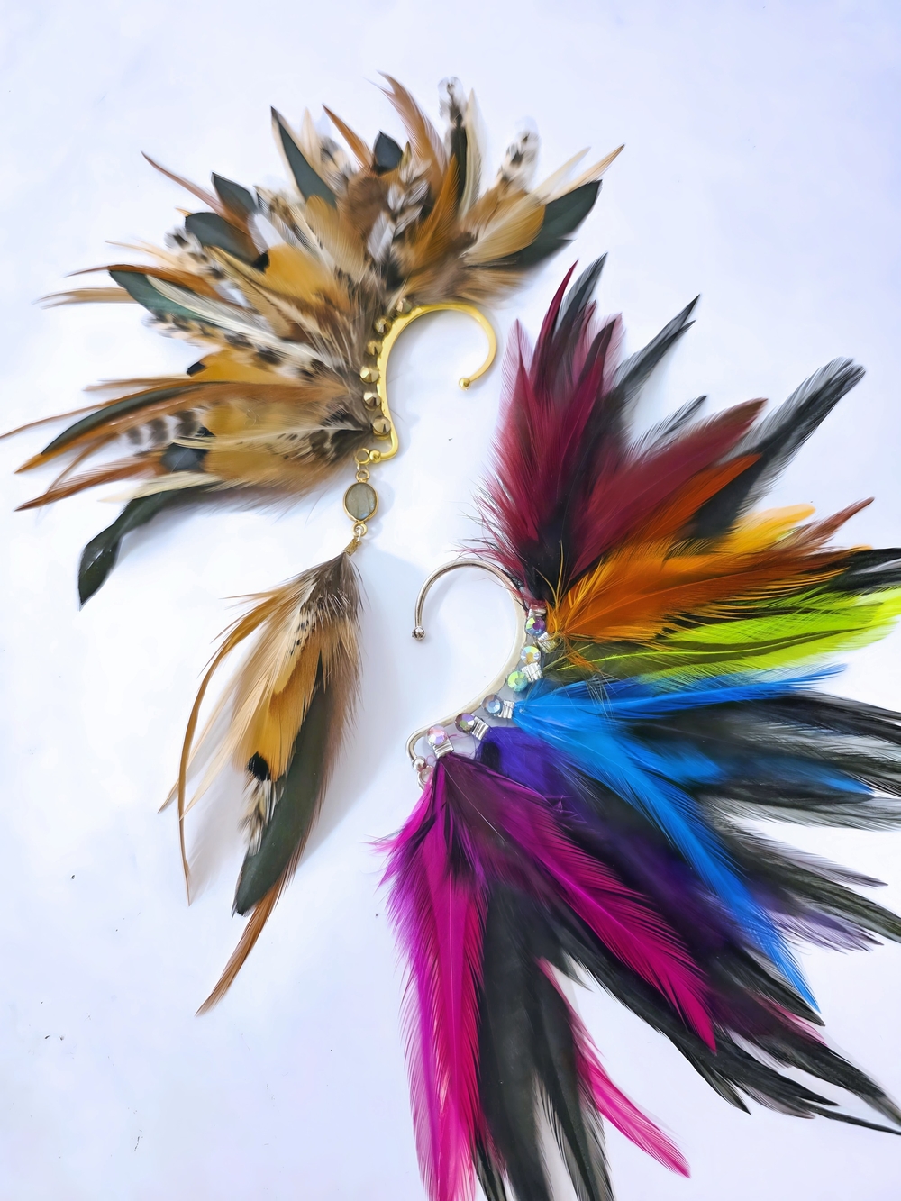Multicolor Rainbow Feather Ear Cuff with Rhinestones - Picture 2 of 4